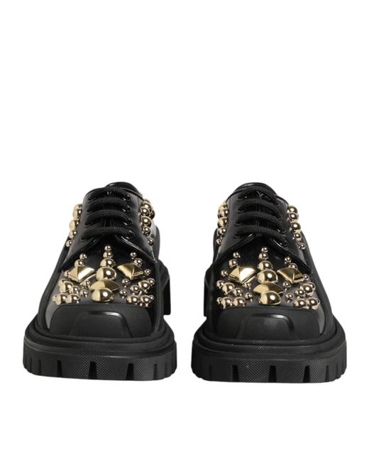 Dolce & Gabbana Black Leather Jeweled Crystals Derby Shoes