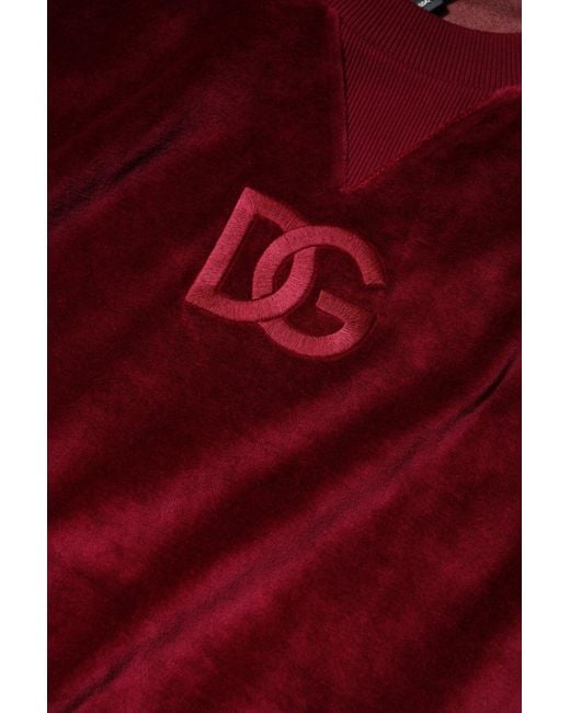 Dolce & Gabbana Red Cotton Velvet Crew Neck Pullover Sweater