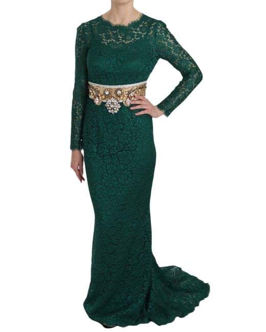 Dolce & Gabbana Green Crystal Gold Belt Lace Sheath Gown Dress