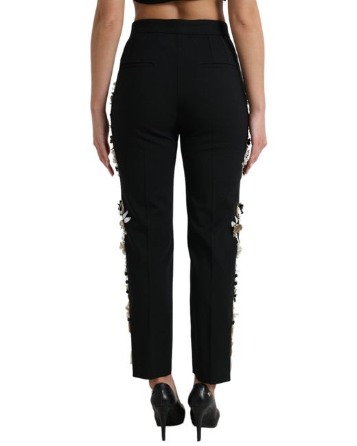 Dolce & Gabbana Black Floral Applique High Waist Tapered Pants