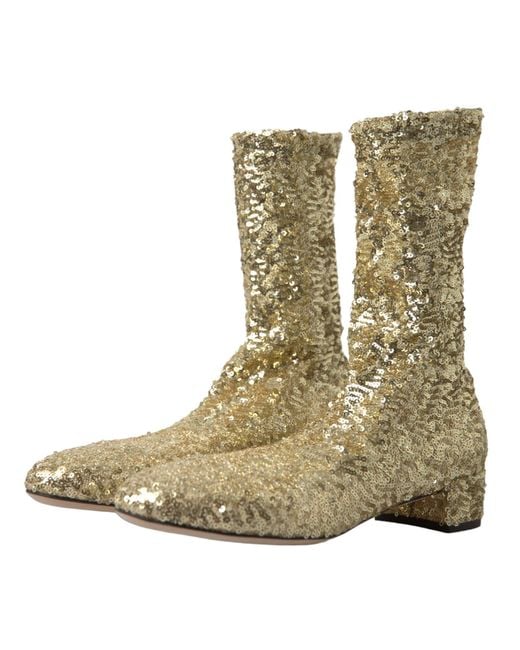 Dolce & Gabbana Green Gold Sequined Short Boots Stretch Shoes