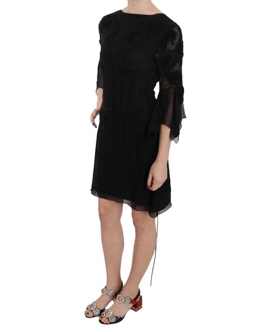 John Richmond Black Sequined Silk Mini Shift Gown