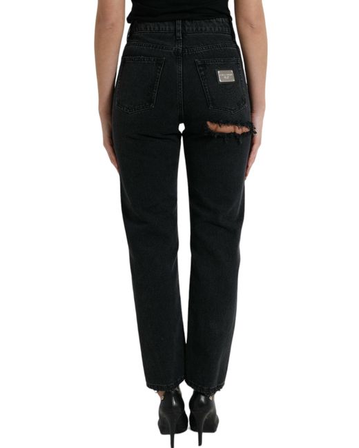 Dolce & Gabbana Black Cotton High Waist Tattered Denim Jeans