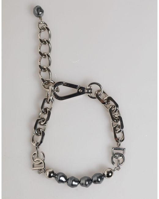 Dolce & Gabbana Metallic Tone Chain Lobster Clasp Logo Pearls Bracelet