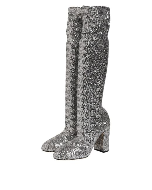 Dolce & Gabbana Gray Shoes Silver Sequins Glitter High Heel Boot Shoes