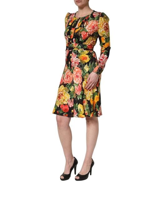 Dolce & Gabbana Multicolor Floral Print Longsleeve Midi Dress