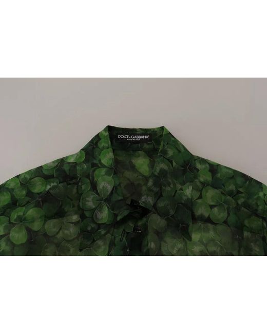 Dolce & Gabbana Green Clover Print Long Sleeves Collared Top Blouse