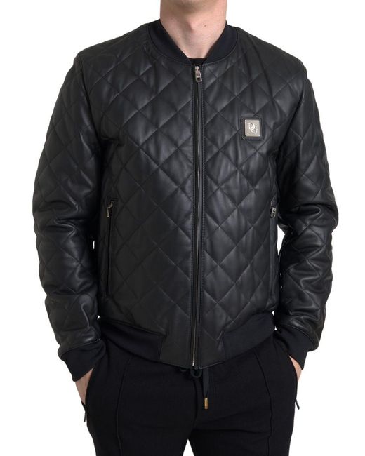 Dolce & Gabbana Black Leather Full Zip Quilted Jacket for men