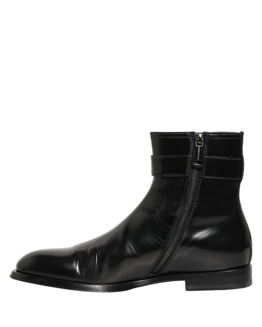 Dolce & Gabbana Black Leather Logo Buckle Mid Calf Boots Shoes for men