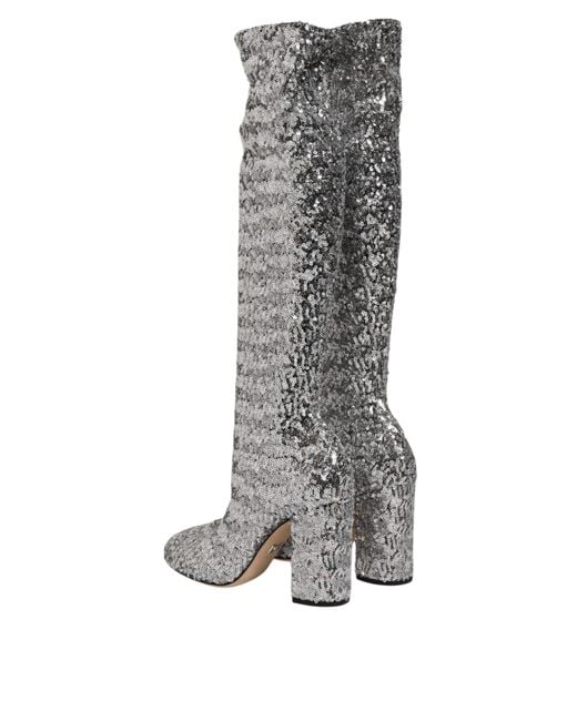 Dolce & Gabbana Gray Shoes Silver Sequins Glitter High Heel Boot Shoes