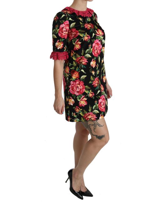Dolce & Gabbana Black Dolce Gabbana Floral Pink Lace A-line Shift Mini Dress