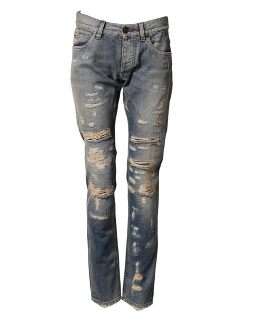 Dolce & Gabbana Gray Tattered Skinny Denim Trouser Jeans for men