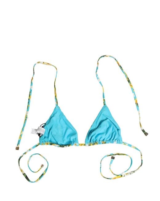 Dolce & Gabbana Blue Floral Print Nylon Halter Bikini Top Swimwear