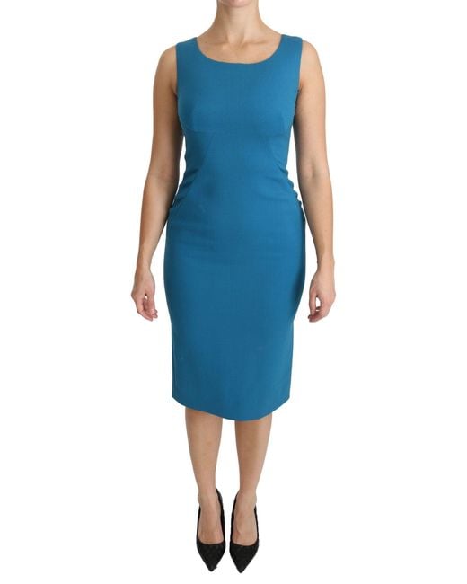 Dolce & Gabbana Blue Bodycon Sheath Knee Length Wool Dress