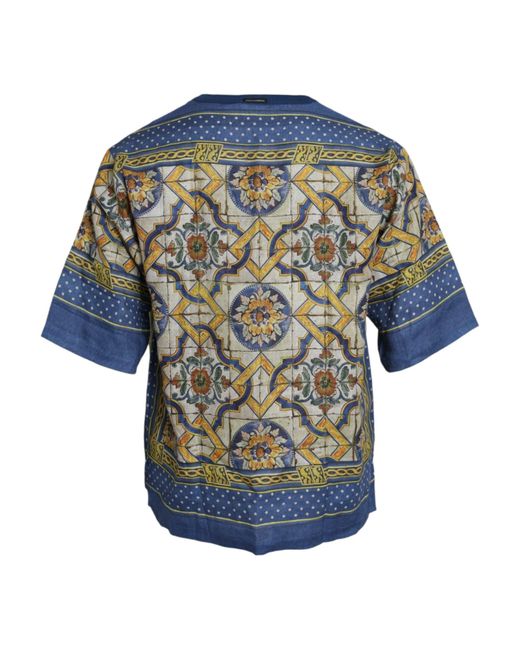 Dolce & Gabbana Blue Majolica Linen Short Sleeve T-Shirt for men