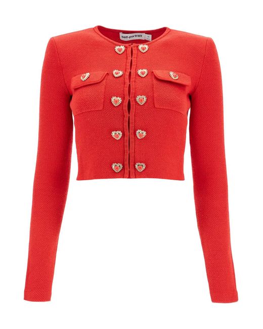 Self-Portrait Red Short Knitted Cardigan With Heart-Shaped Buttons