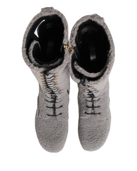 Dolce & Gabbana Gray Shearling Lace Up Knee High Boots Shoes for men