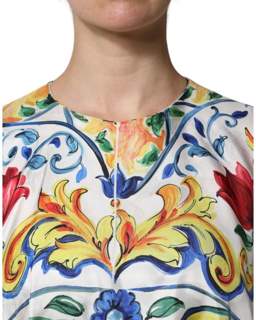 Dolce & Gabbana Blue Multicolor Majolica Kaftan Short Sleeves Maxi Dress