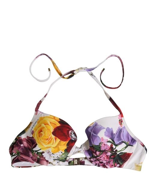 Dolce & Gabbana Multicolor White Floral Print Nylon Beachwear Bikini Top