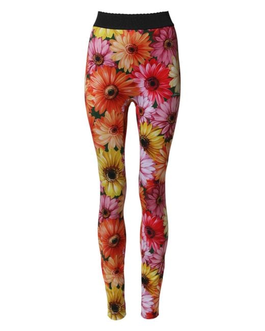 Dolce & Gabbana Red Floral Leggings Stretchwaist Pants Elastane+Polyamid+Polyester