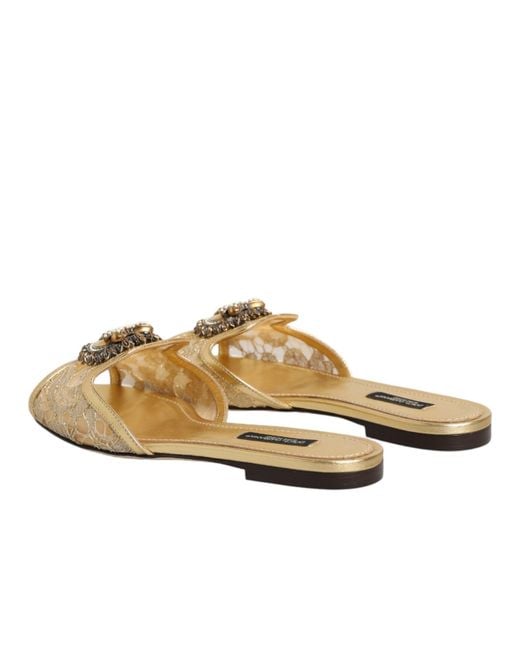 Dolce & Gabbana Metallic Gold Devotion Lace Flats Slip On Sandals Shoes