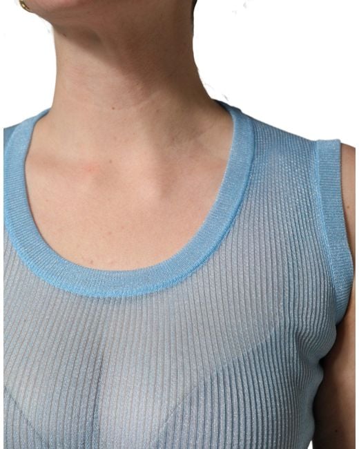 Dolce & Gabbana Blue Semi Sheer Ribbed Sleeveless Tank Top Polyester