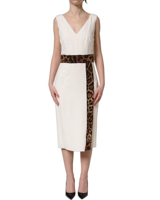 Dolce & Gabbana Natural White Leopard Sleeveless Sheath Midi Dress