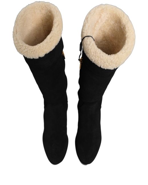 Dolce & Gabbana Black Suede Leather Knee High Boots Shoes