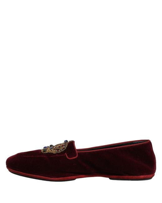 Dolce & Gabbana Red Burgundy Velvet Crown Slip On Loafers Shoes for men
