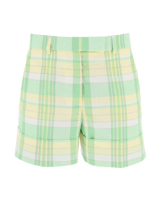 Thom Browne Green Madras Cotton Cuffed Shorts