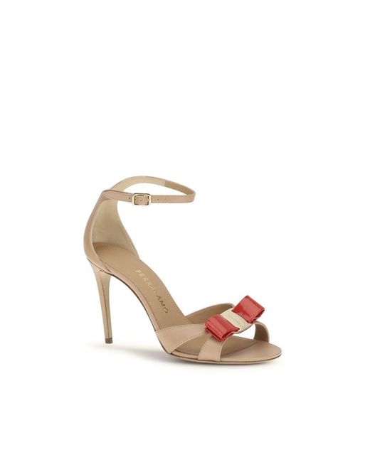 Ferragamo Metallic Beige Calf Leather Bos Taurus Stiletto Heel Sandals