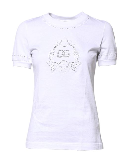 Dolce & Gabbana White Cotton Floral Logo Crew Neck T