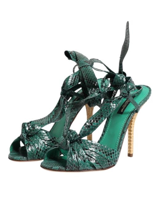 Dolce & Gabbana Green Python Leather Heels Sandals Shoes