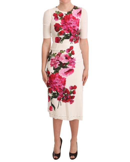 Dolce & Gabbana Red Dolce Gabbana White Floral Printed Crepe Midi Slit Dress