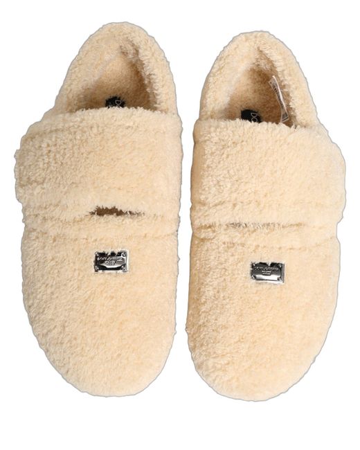 Dolce & Gabbana Natural Beige Faux Fur Flats Men Slides Sandals Shoes for men