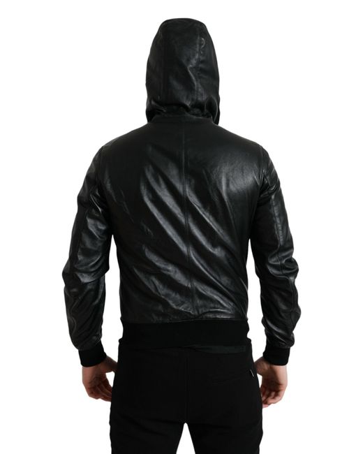 Dolce & Gabbana Black Leather Hooded Full Zip Logo Jacket for men