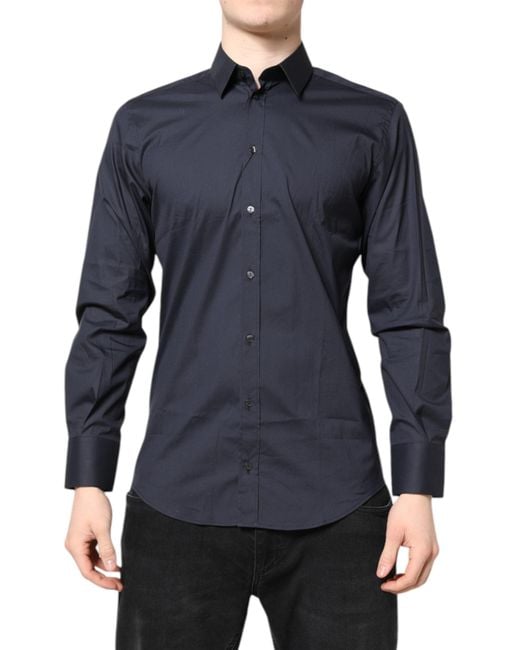 Dolce & Gabbana Blue Dark Martini Cotton Dress Formal Shirt for men