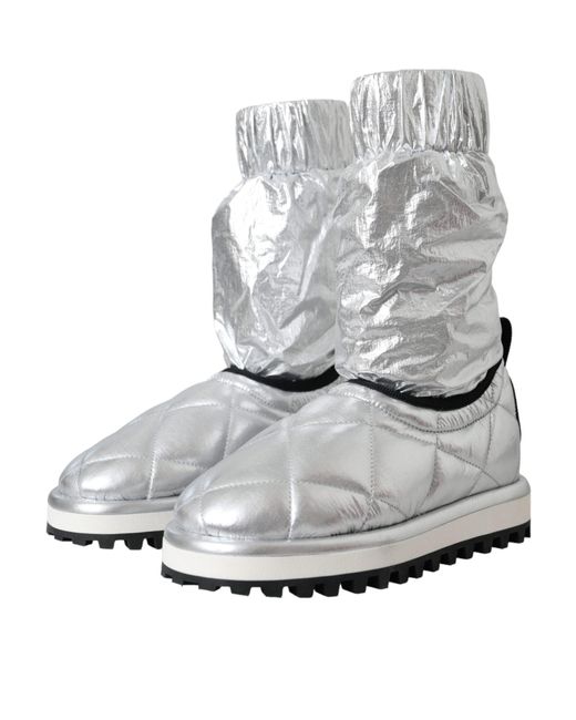 Dolce & Gabbana Gray Metallic Quilted Logo Patch Boot Shoes