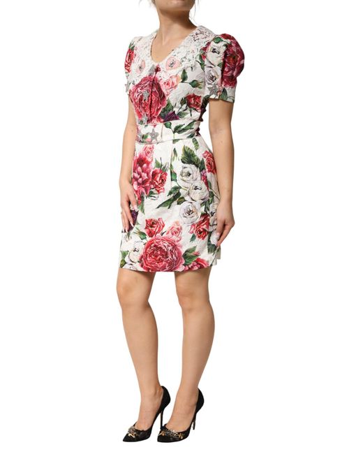 Dolce & Gabbana Red White Floral Embellished Sheath Mini Dress