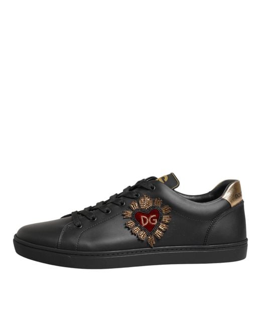 Dolce & Gabbana Brown Black Leather Heart Embellished Sneakers Shoes for men