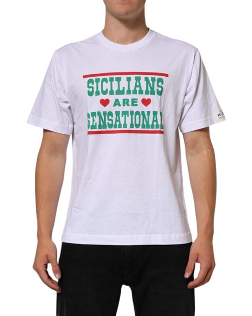 Dolce & Gabbana White Graphic Print Cotton Crew Neck T for men