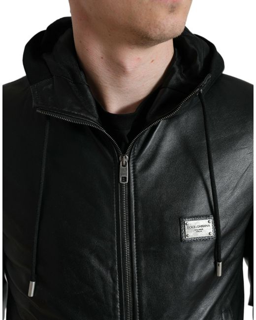 Dolce & Gabbana Black Leather Hooded Full Zip Logo Jacket for men
