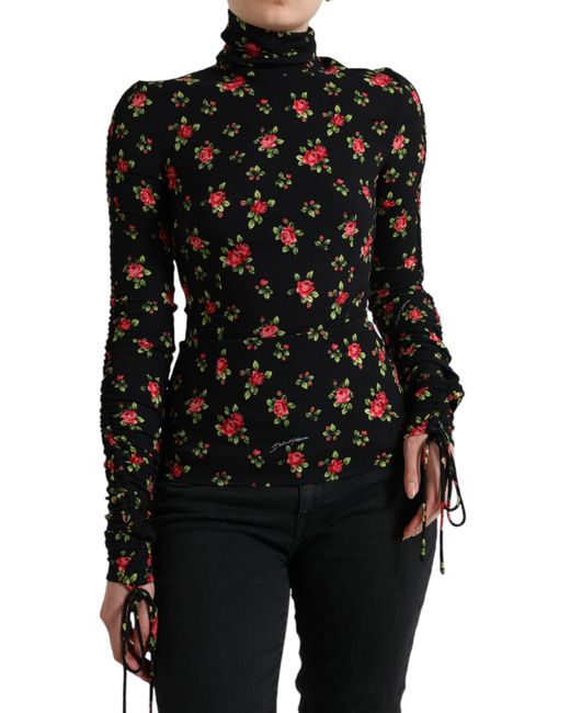 Dolce & Gabbana Black Rose Print Turtle Neck Blouse Top
