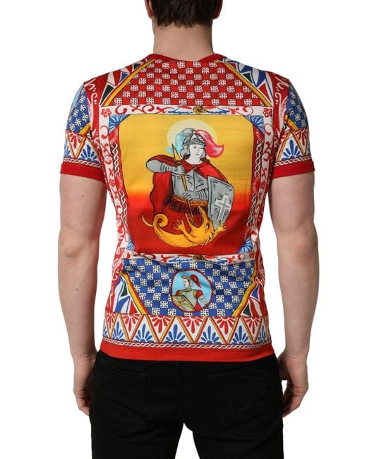 Dolce & Gabbana Red Multicolor Carretto Print Crew Neck T for men