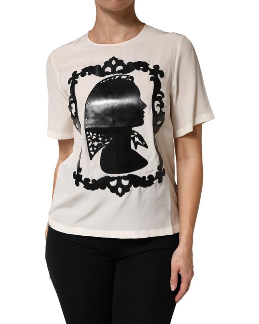 Dolce & Gabbana White Silk Silhouette Detail Short Sleeve Top