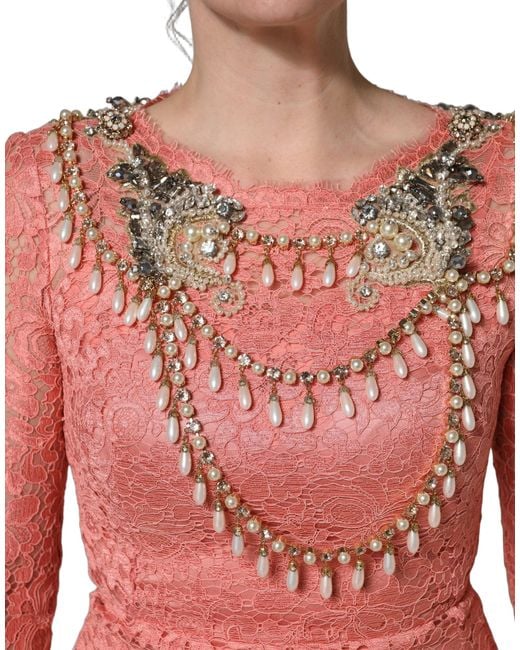 Dolce & Gabbana Red Pink Embellished Mermaid Lace Gown Dress
