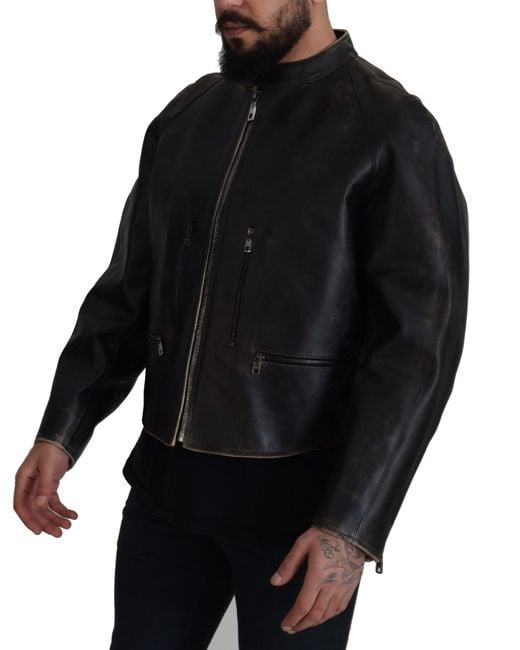Dolce & Gabbana Black Elegant Leather Jacket With Details for men