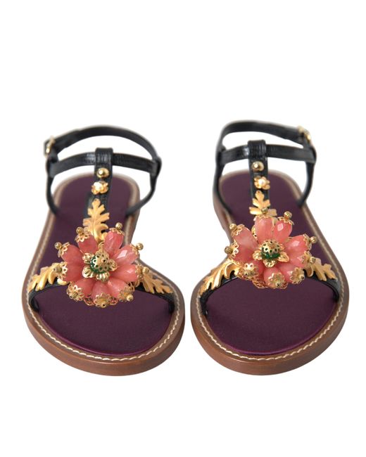 Dolce & Gabbana Brown Black Crystal Gold Sandals Leather Shoes