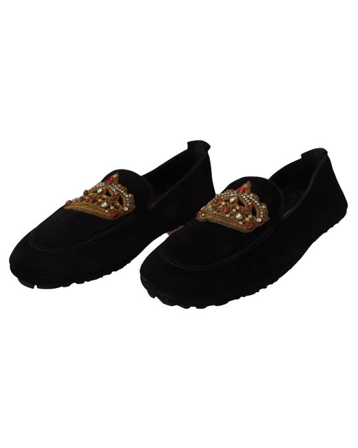 Dolce & Gabbana Black Dolce Gabbana Leather Crystal Gold Crown Loafers Shoes for men