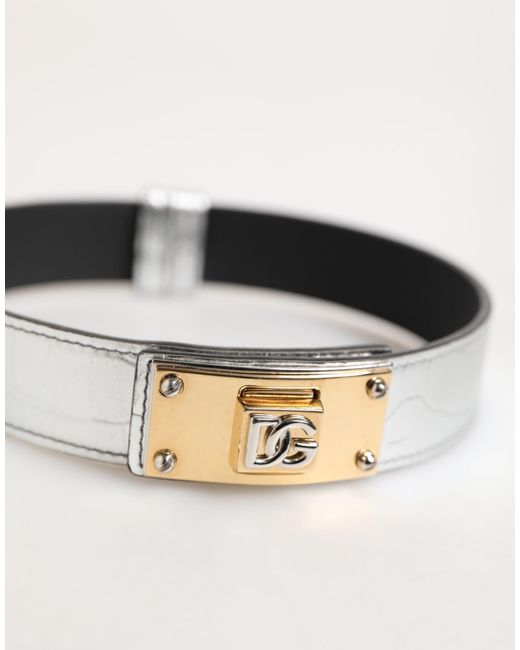 Dolce & Gabbana Black Silver Textured Leather Gold Tone Metal Neckband for men